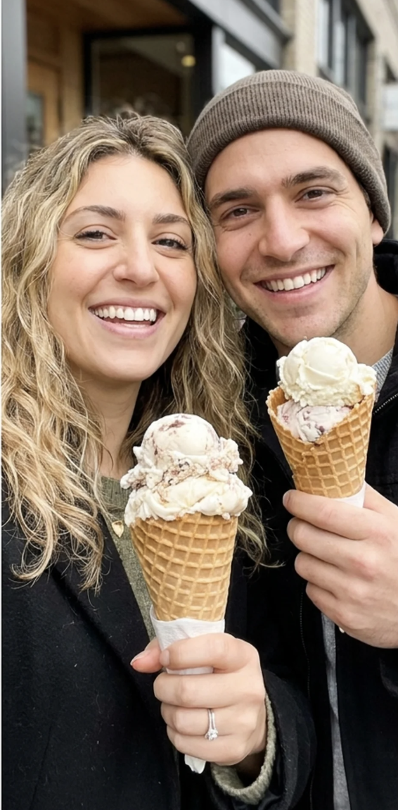 Sofia and Mateo sharing ice cream cones