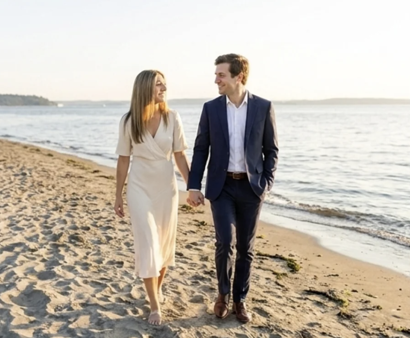Sofia and Mateo walking along the beach